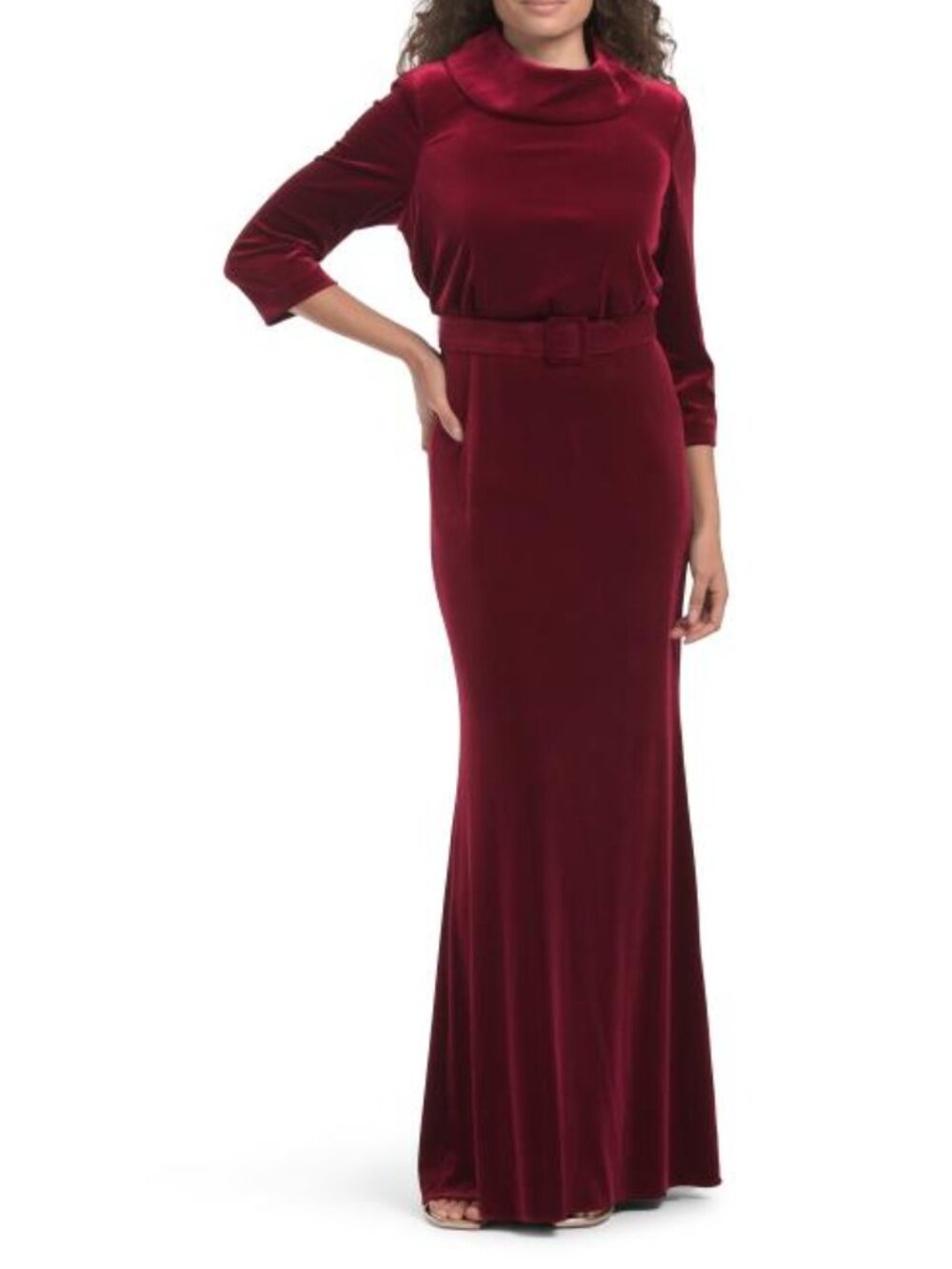 BADGLEY MISCHKA Velvet Mock Neck Belted Sheath Gown